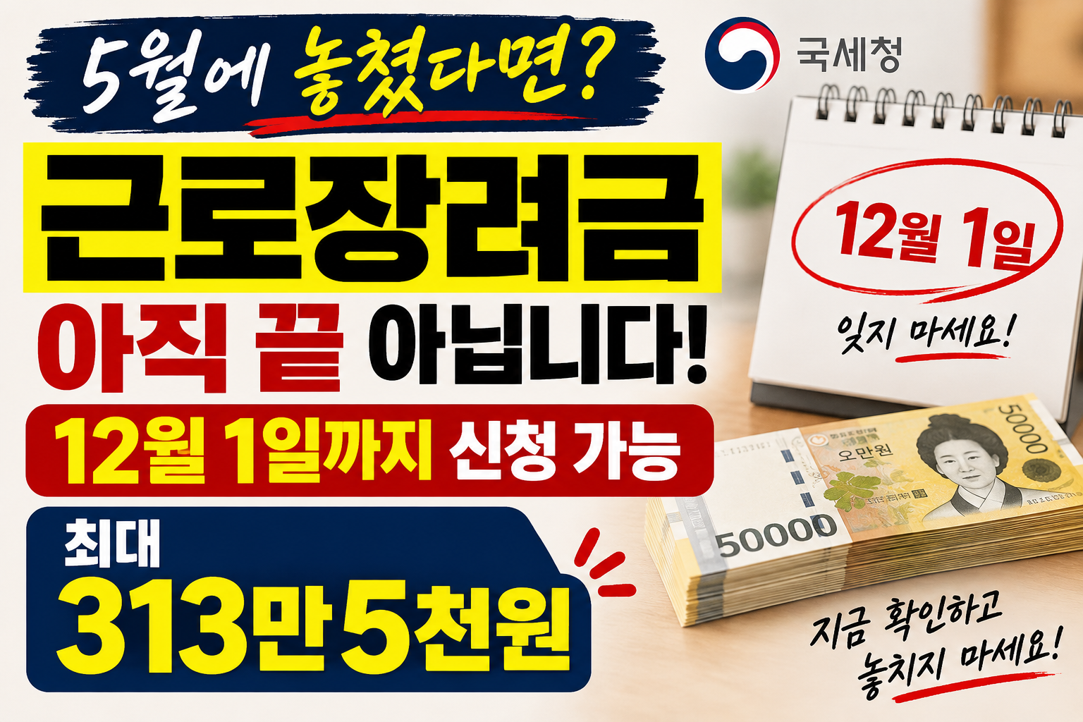 근로장려금 5월에 놓쳤다면 아직 끝 아닙니다|12월 1일까지 최대 313만5천원
