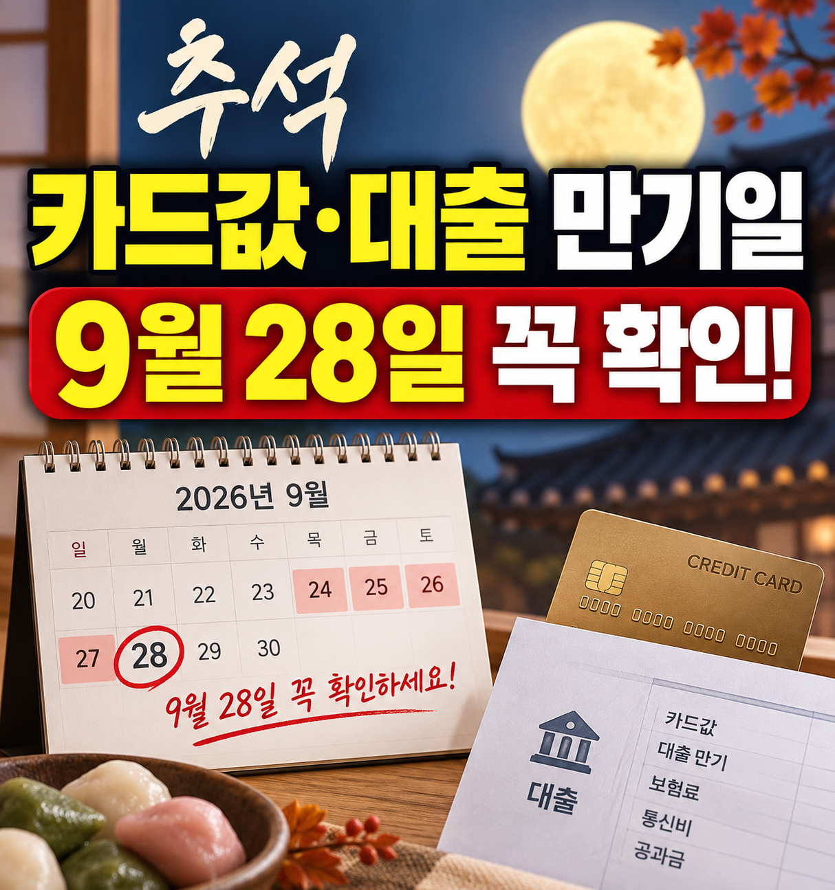 2026 추석 카드값·대출 만기일 바뀝니다|9월 28일 통장잔액 꼭 확인하세요